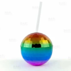 Brand new ⭐ BarMan Rainbow Disco Ball Novelty Cup - Plastic With Straw And Lid - 12 Ounce 🌟